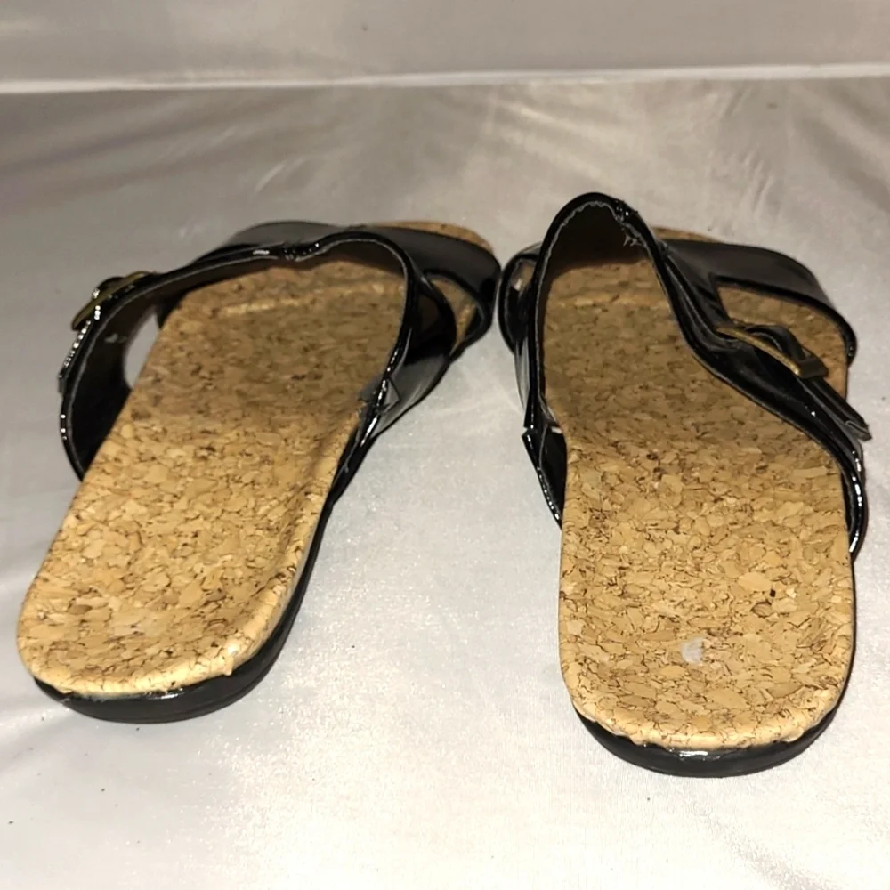 Sandals Shoes Slides Black Patent Vegan Leather brass buckle sz 10 W